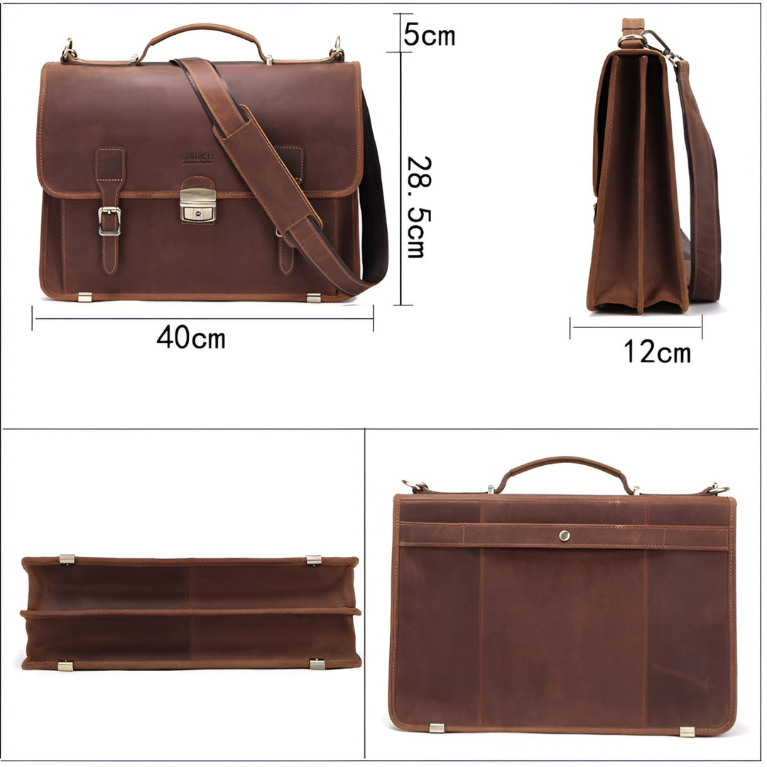 Elegante borsa marrone con patta, tracolla regolabile e scomparti interni per organizzazione documenti.