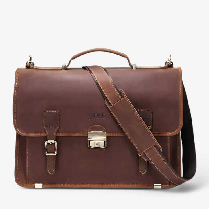 Borsa portadocumenti unisex marrone in pelle con patta elegante, ideale per professionisti e viaggi d'affari.