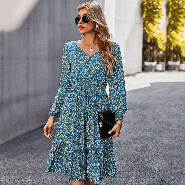 Vestito midi donna floreale estivo con scollo a V, comodo ed elegante. Abbigliamento femminile nuovo arrivo.