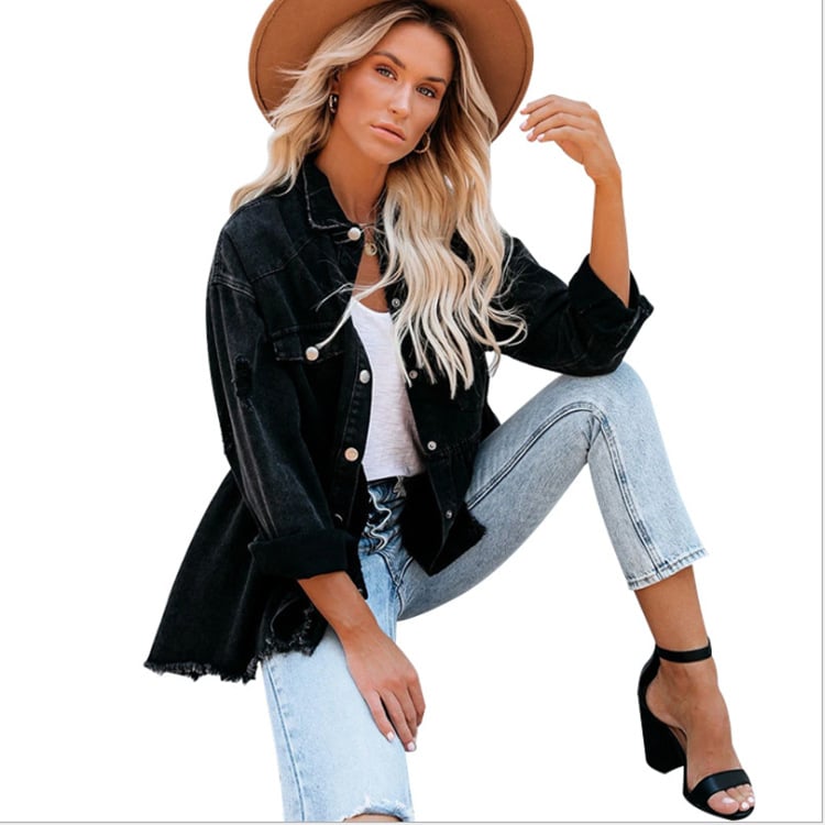Giacca donna nera in denim con revers, orlo grezzo. Stile unico e casual per moda donna primavera/autunno.