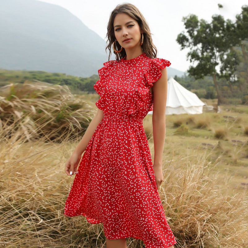 Abito estivo lungo donna con stampa a pois, bianco su sfondo blu navy, stile fluido e confortevole linea A.