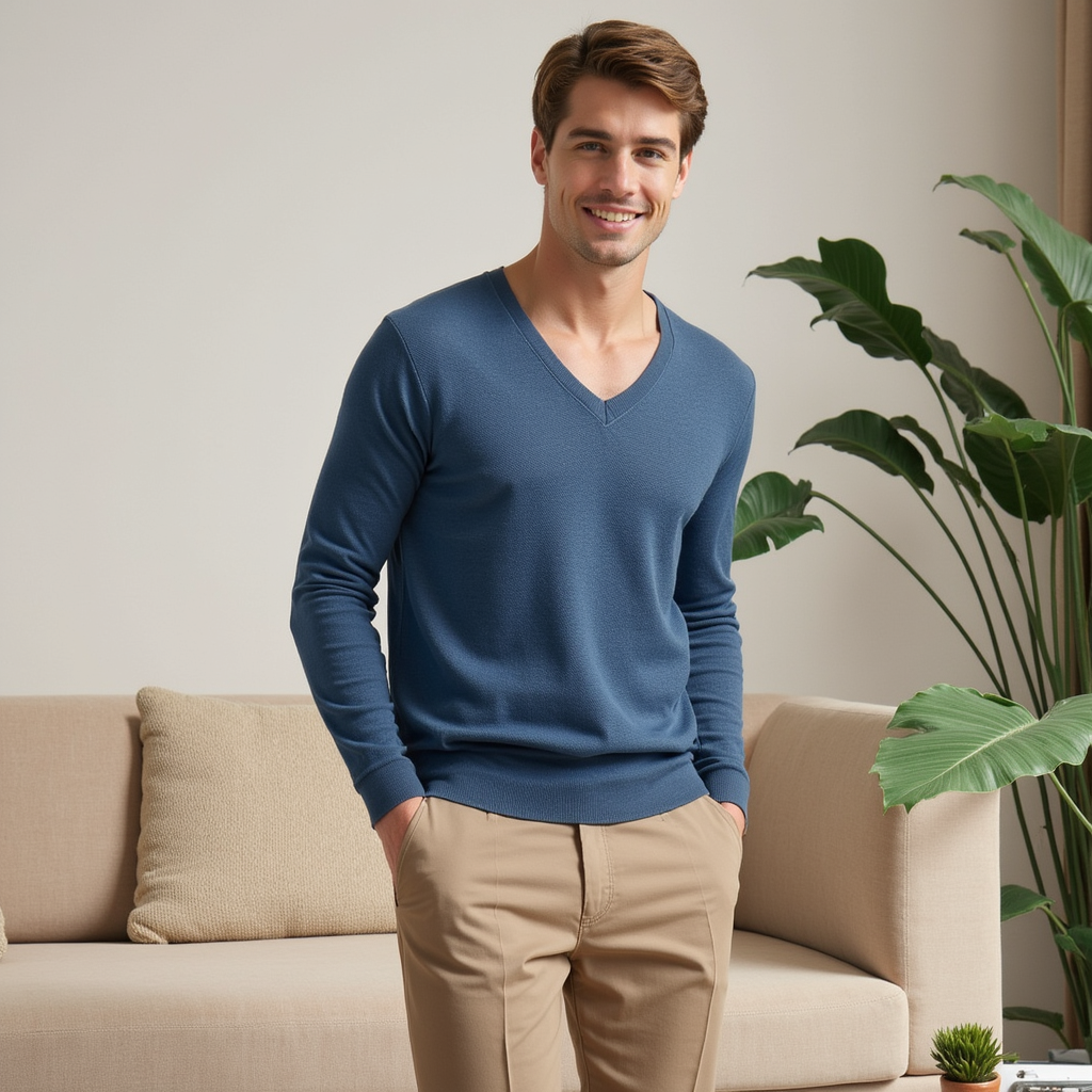 Maglione uomo con scollo a V grigio, ideale per look eleganti e casual. Perfetto per autunno e inverno.