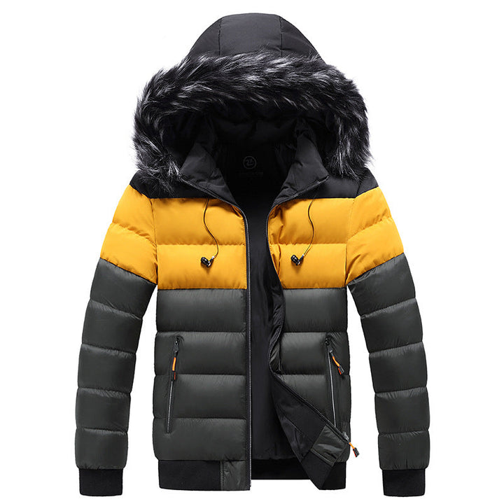 Giaccone puffer uomo invernale con cappuccio e zip frontale, design casual e caldo per l'inverno.