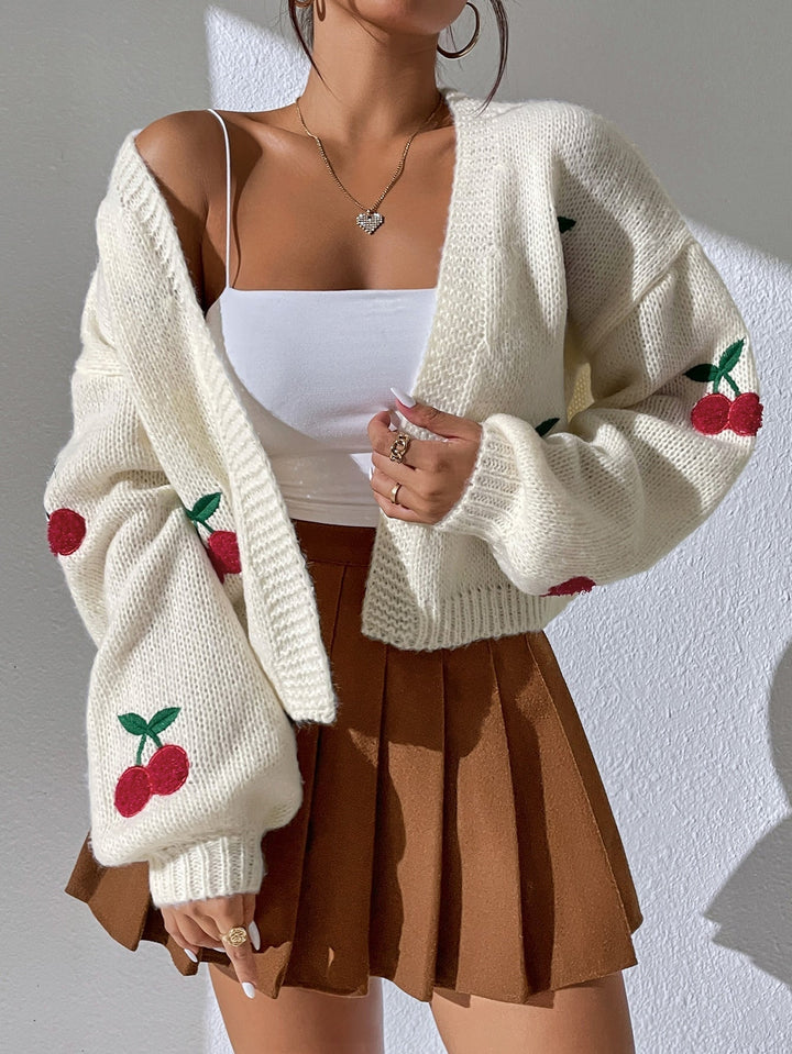 Cardigan donna lavorato a maglia con ricamo ciliegie, maniche lunghe. Stile casual chic per primavera/autunno.