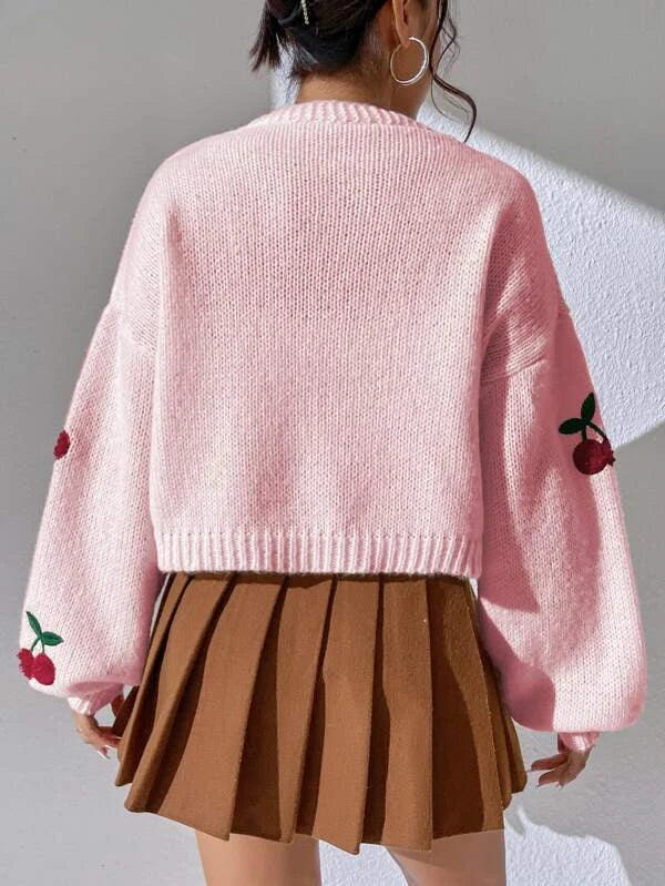 Cardigan casual da donna in maglia, vivace ricamo ciliegie. Maniche lunghe, ideale per outfit quotidiani versatili.