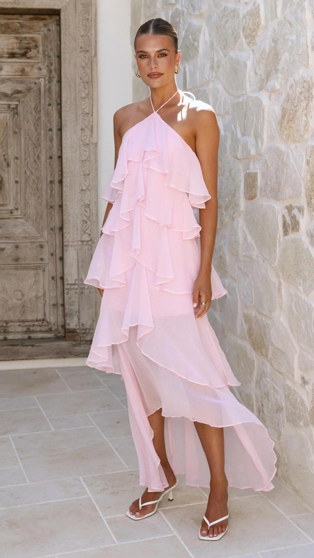 Abito lungo donna per l'estate, floreale con spalle scoperte, stile moda mare.