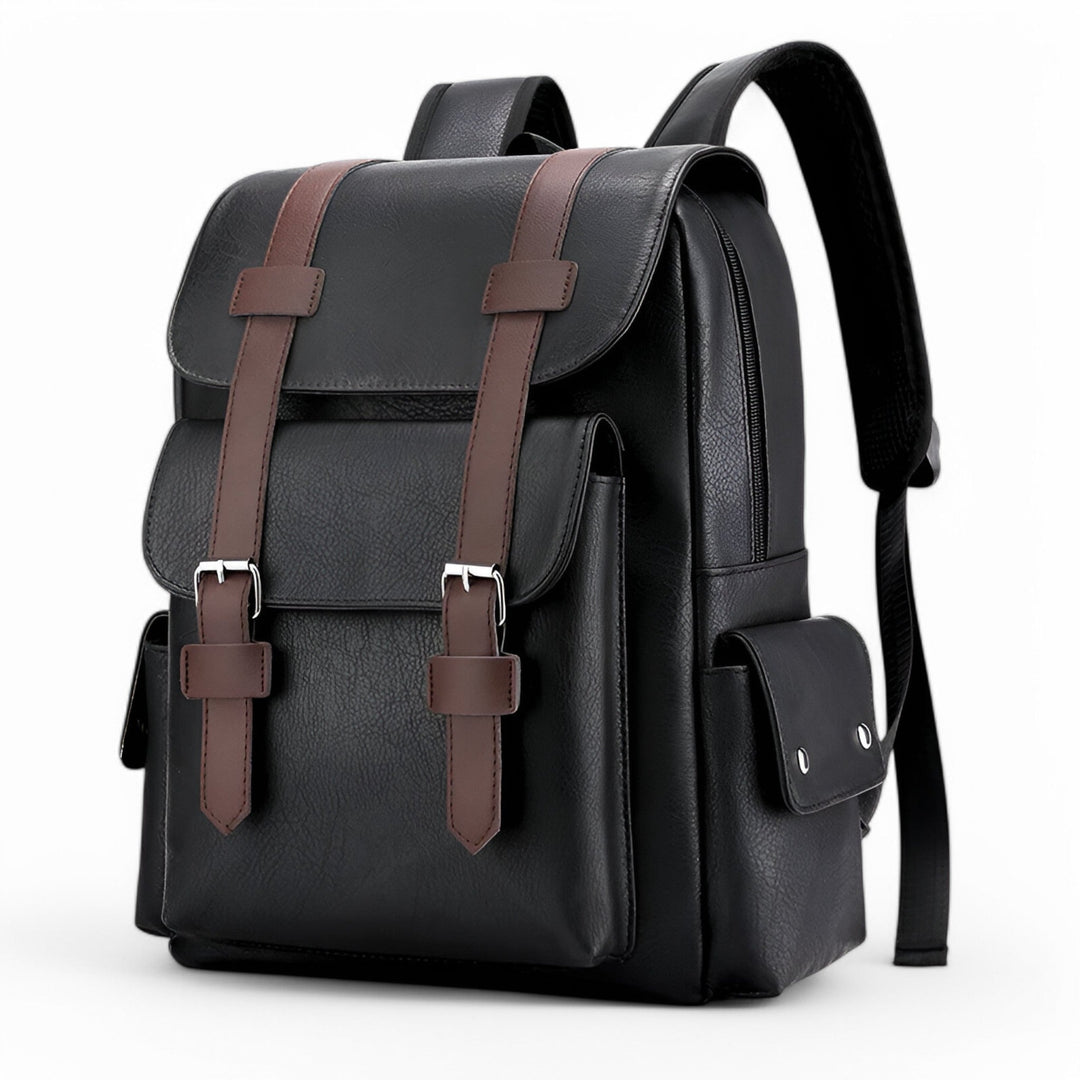 Elegante zaino uomo nero con doppie fibbie decorative, per un look quotidiano sofisticato.