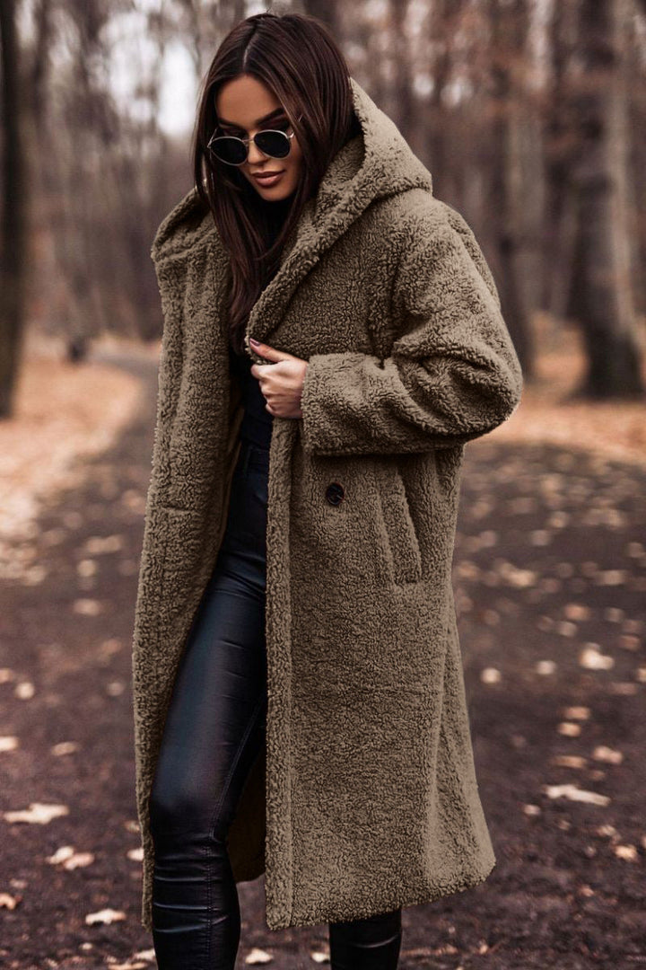 Cappotto da donna invernale con cappuccio, in stile teddy bear, lungo e caldo, must-have per la stagione fredda.