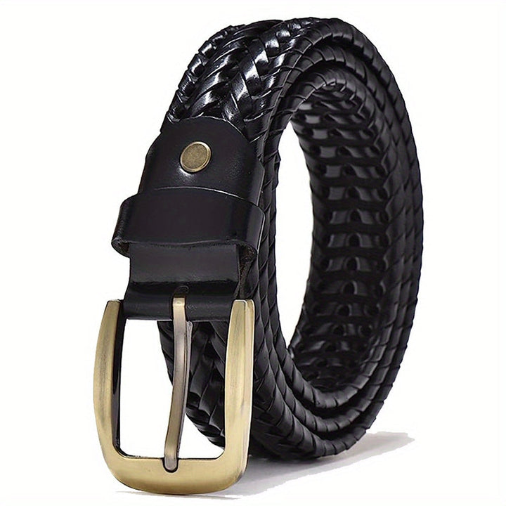 Cintura uomo in pelle intrecciata marrone scuro, accessorio moda regolabile e confortevole.