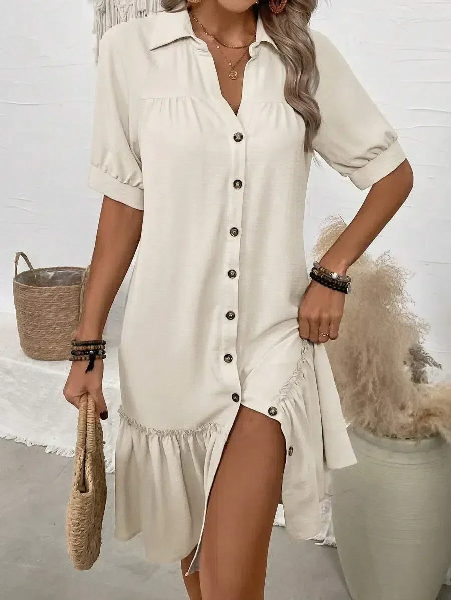 Camicia vestito midi donna con bottoni e balze, in un versatile colore cachi. Stile casual per ogni occasione.