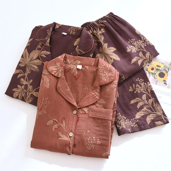 Set pigiama loungewear da donna in cotone jacquard, stile vintage traspirante e comodo, perfetto per il relax.
