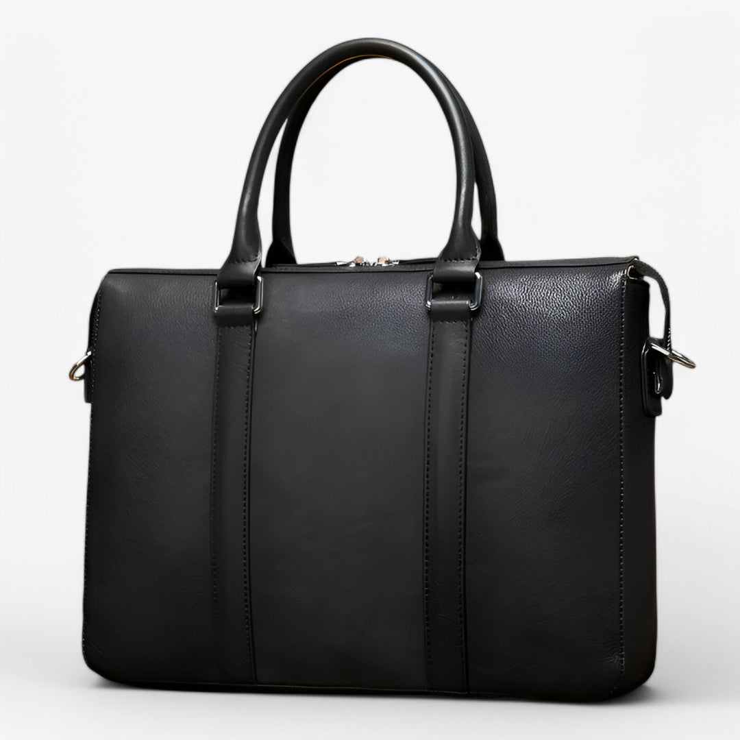 Elegante borsa portadocumenti nera da donna con scomparto imbottito per laptop, perfetta per l'ufficio e il lavoro.