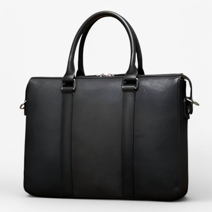 Elegante borsa portadocumenti nera da donna con scomparto imbottito per laptop, perfetta per l'ufficio e il lavoro.