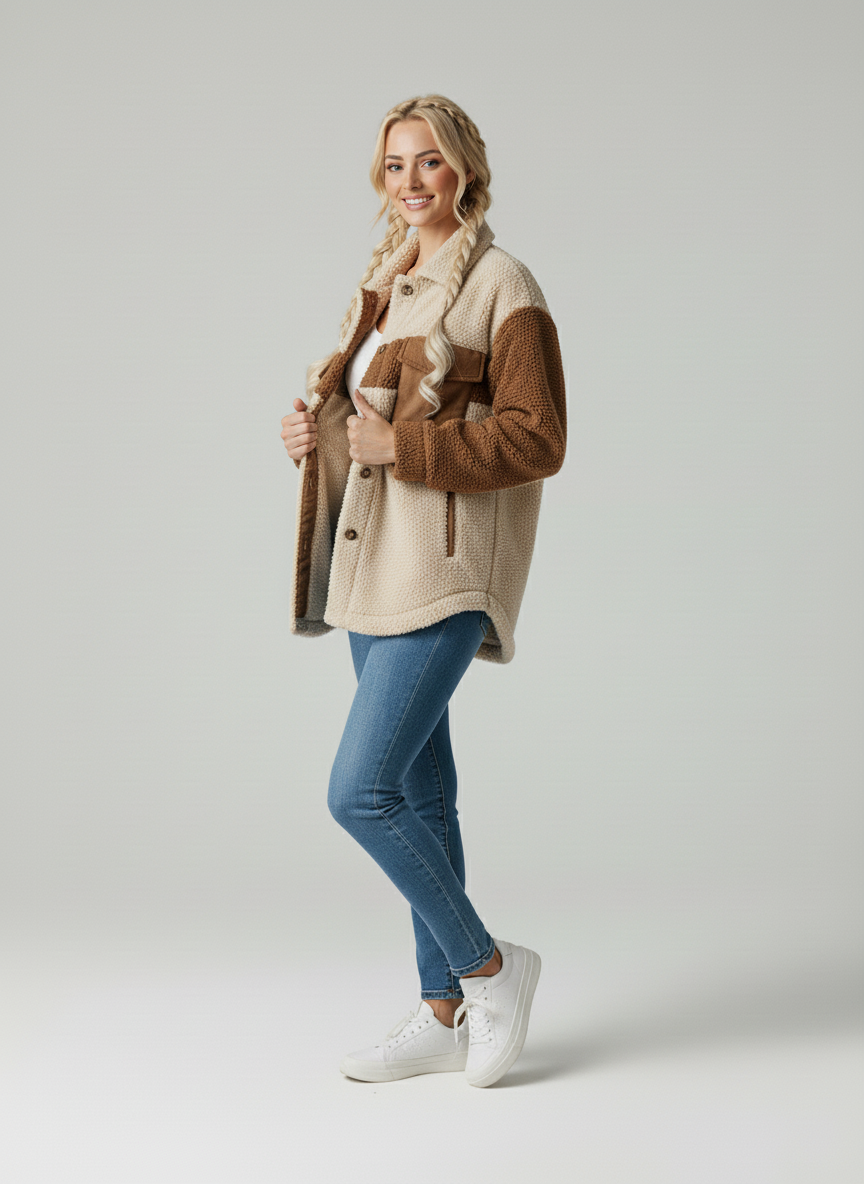 Giacca donna sherpa invernale, morbida e calda. Ideale per un look casual-chic con comfort moderno.