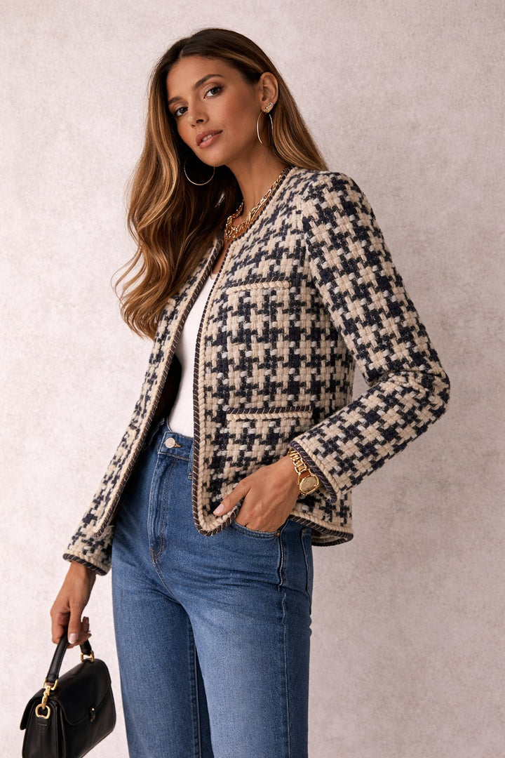 Giacca donna elegante classica pied de poule per look sofisticati da ufficio o casual chic. Perfetta per ogni occasione.