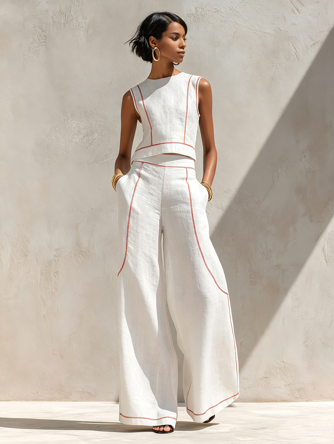 Abbigliamento donna: completo minimal chic con pantaloni ampi e top senza maniche, valorizzato da cuciture a contrasto.
