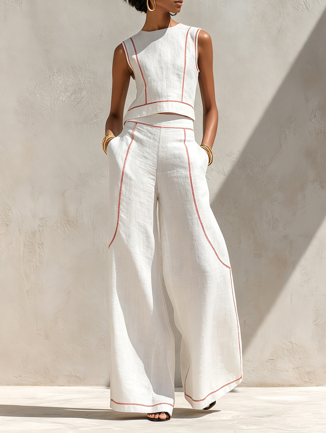 Completo donna minimal due pezzi con top senza maniche e pantaloni ampi, dettagli cuciture a contrasto. Eleganza casual.
