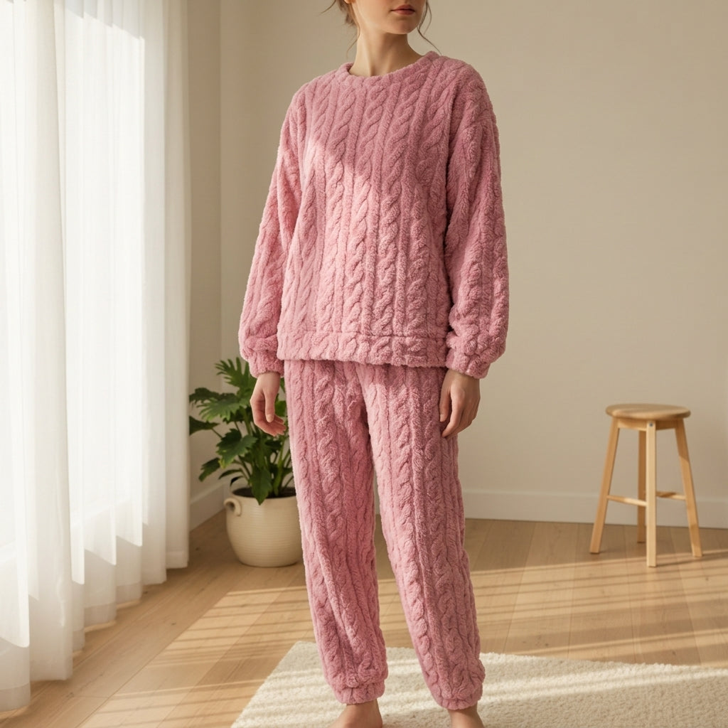 Pigiama lungo donna grigio antracite in felpa calda con maglia a trecce. Perfetto per homewear e notte.