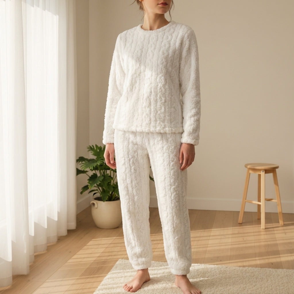 Pigiama lungo donna in felpa, stile homewear con maglia a trecce color cammello. Per un relax invernale.