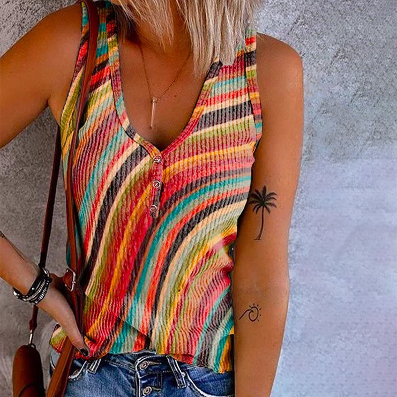 Canotta donna estiva a righe arcobaleno colorate, perfetta per un look casual e vivace. Ideale per primavera/estate.