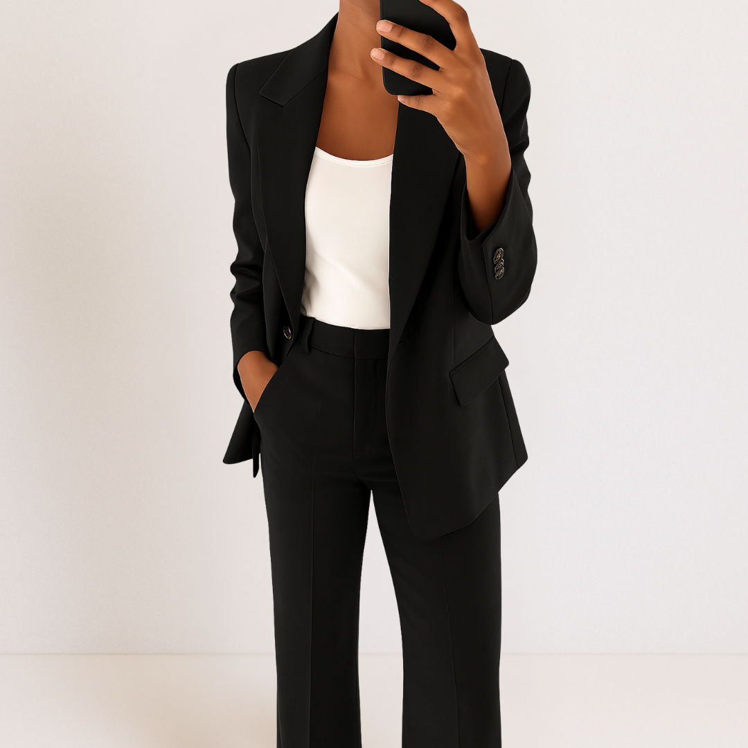 Completo donna moderno, blazer strutturato e pantaloni a gamba larga. Look chic per ufficio e casual.