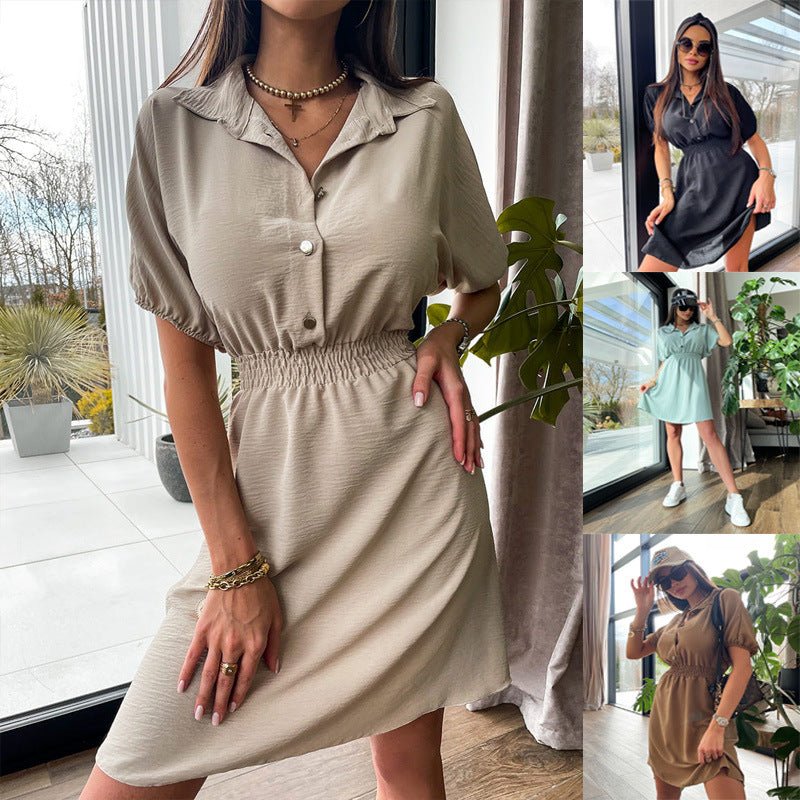 Abito donna elegante con colletto sartoriale e vita definita, perfetto per un look raffinato da giorno e ufficio.