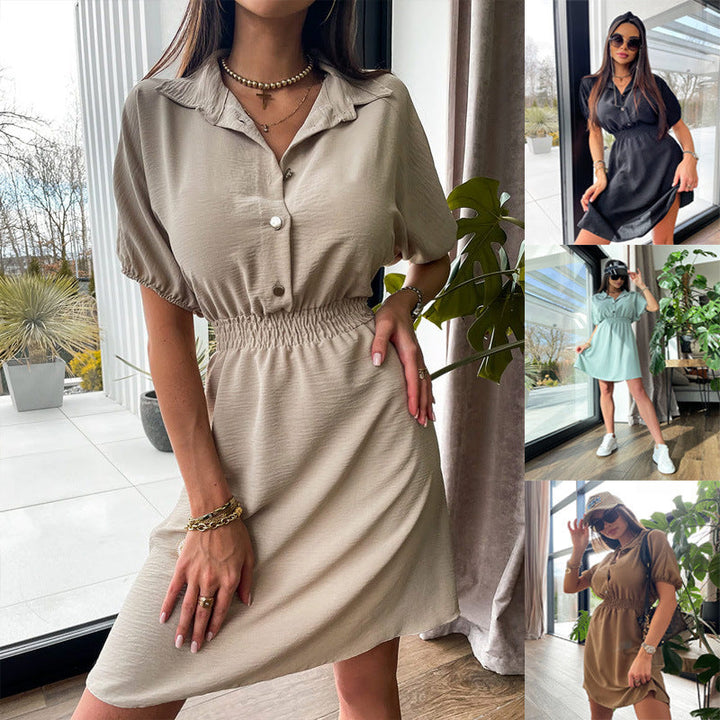 Abito donna elegante con colletto sartoriale e vita definita, perfetto per un look raffinato da giorno e ufficio.