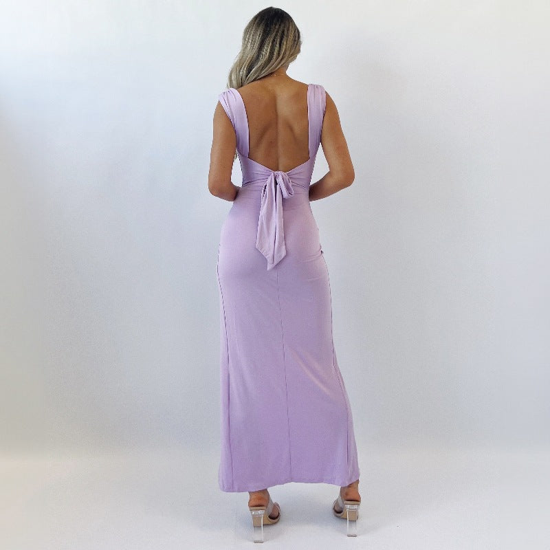 Elegante abito bodycon da donna, senza maniche, con spacco e fiocco retro. Ideale per moda primavera/estate.
