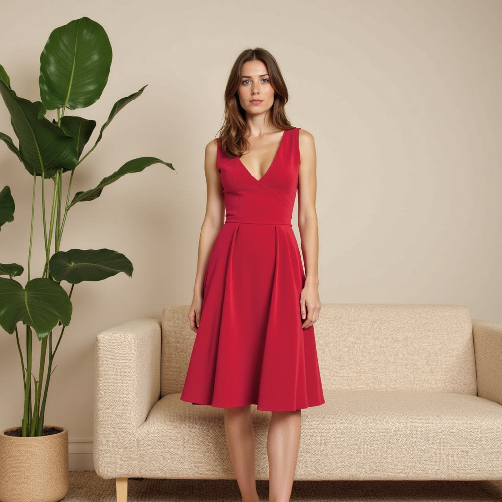 Abito midi plissettato rosso da donna, design fluido e aggraziato. Ideale per serate eleganti e look sofisticati.