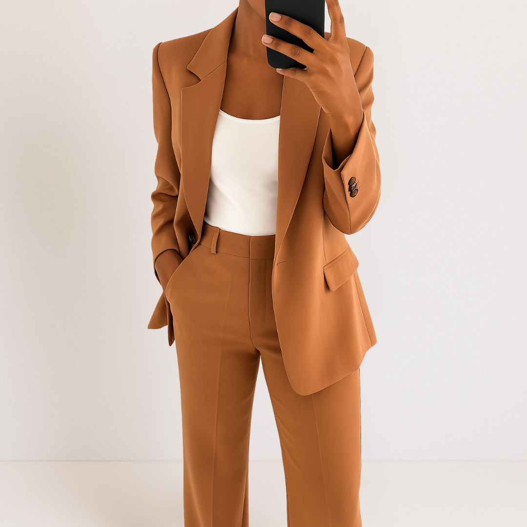 Blazer elegante donna e pantaloni a gamba larga. Completo moderno per un look sofisticato di moda business.