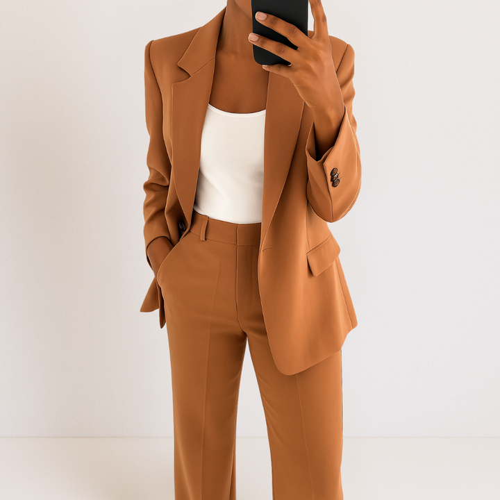 Blazer elegante donna e pantaloni a gamba larga. Completo moderno per un look sofisticato di moda business.