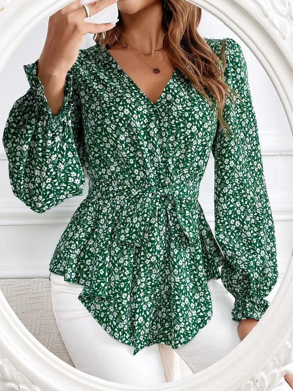 Camicetta floreale da donna elegante con scollo a V e maniche lunghe, perfetta per primavera e ufficio.