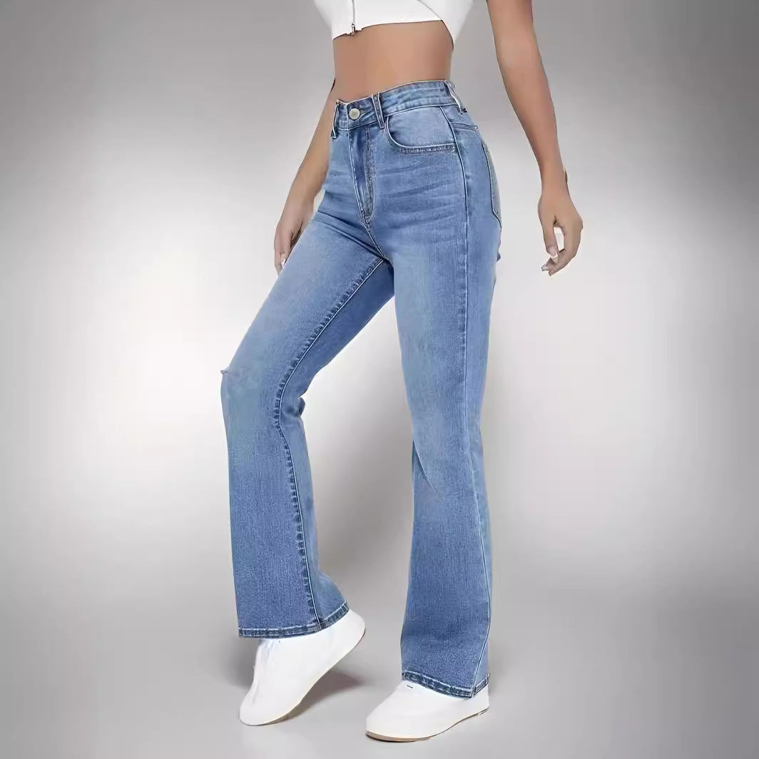 Pantaloni jeans donna vita alta slim, azzurro cielo. Comfort e stile per la primavera estate. Gamba dritta.