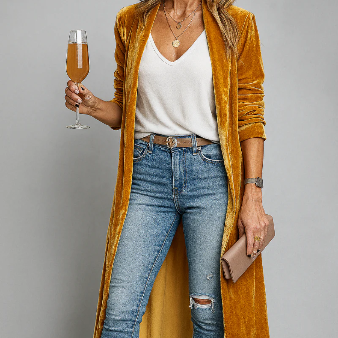 Cardigan lungo da donna aperto con tasche. Perfetto per abbigliamento invernale, autunnale e per un tocco elegante.