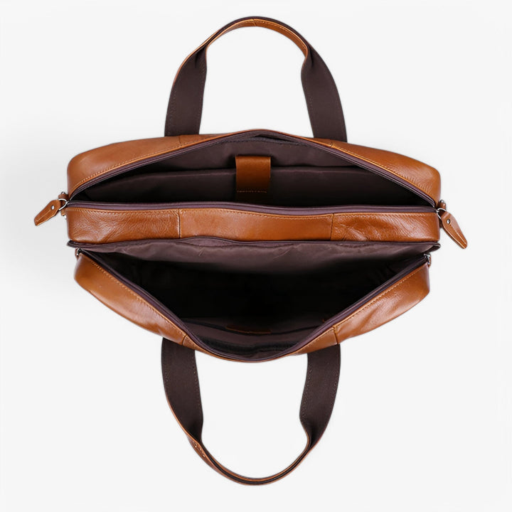 Robusta borsa portadocumenti marrone uomo con scomparto protettivo per laptop e manici rinforzati, per professionisti.