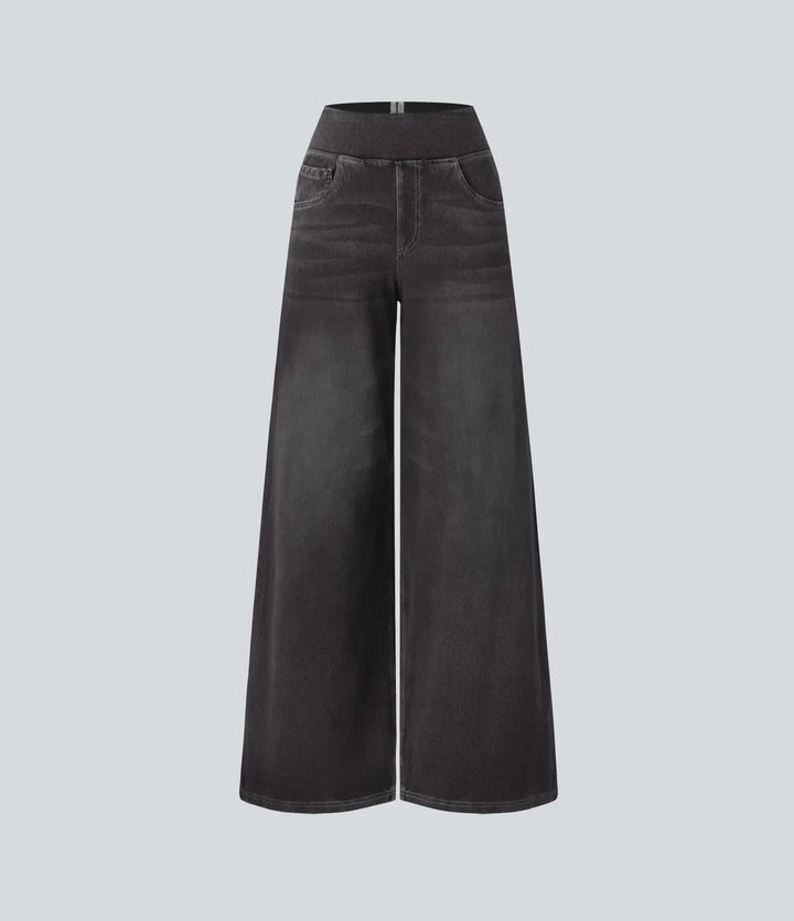 Pantaloni donna vita alta elastici, blu chiaro, per comfort e stile quotidiano.