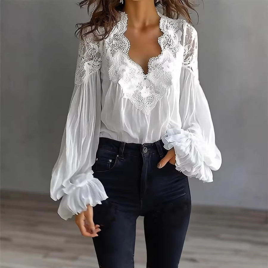 Camicia donna maniche lunghe in pizzo e volant, stile elegante e femminile. Blouse perfetta per ogni occasione, chic e moda.