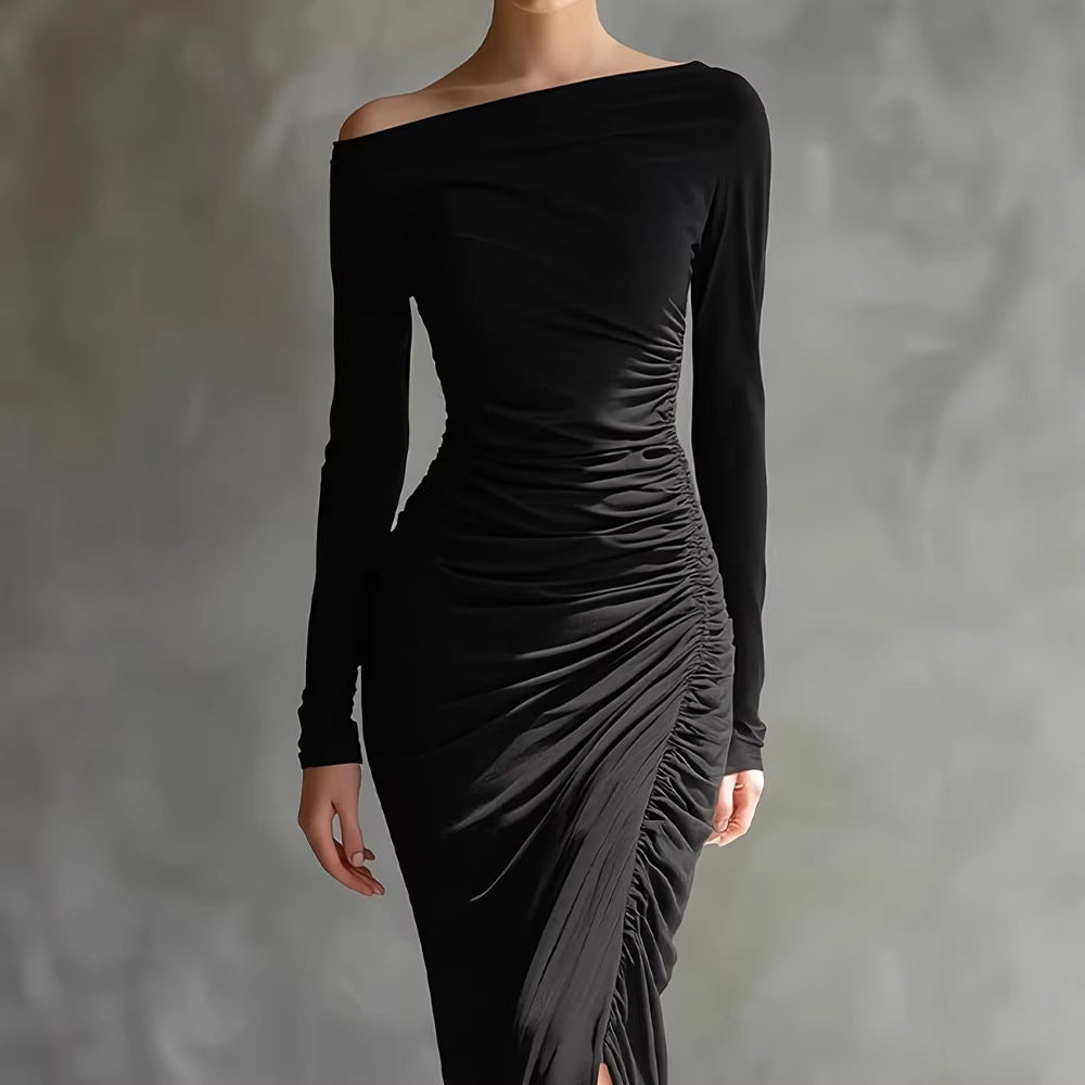 Vestito lungo elegante da donna, design a portafoglio e scollo a barca. Perfetto per moda sera e occasioni speciali.