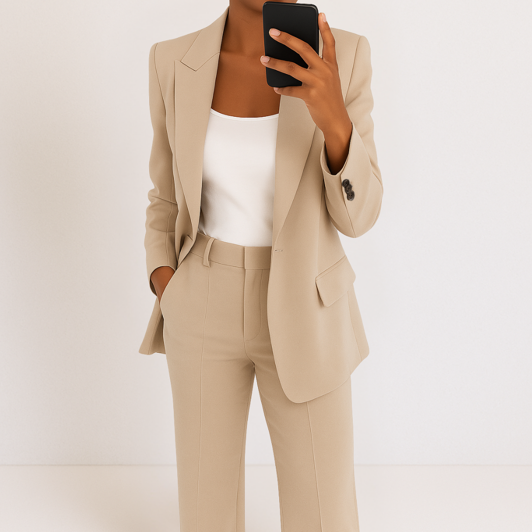 Abbigliamento ufficio: completo elegante donna con blazer e pantaloni a palazzo. Stile business raffinato.