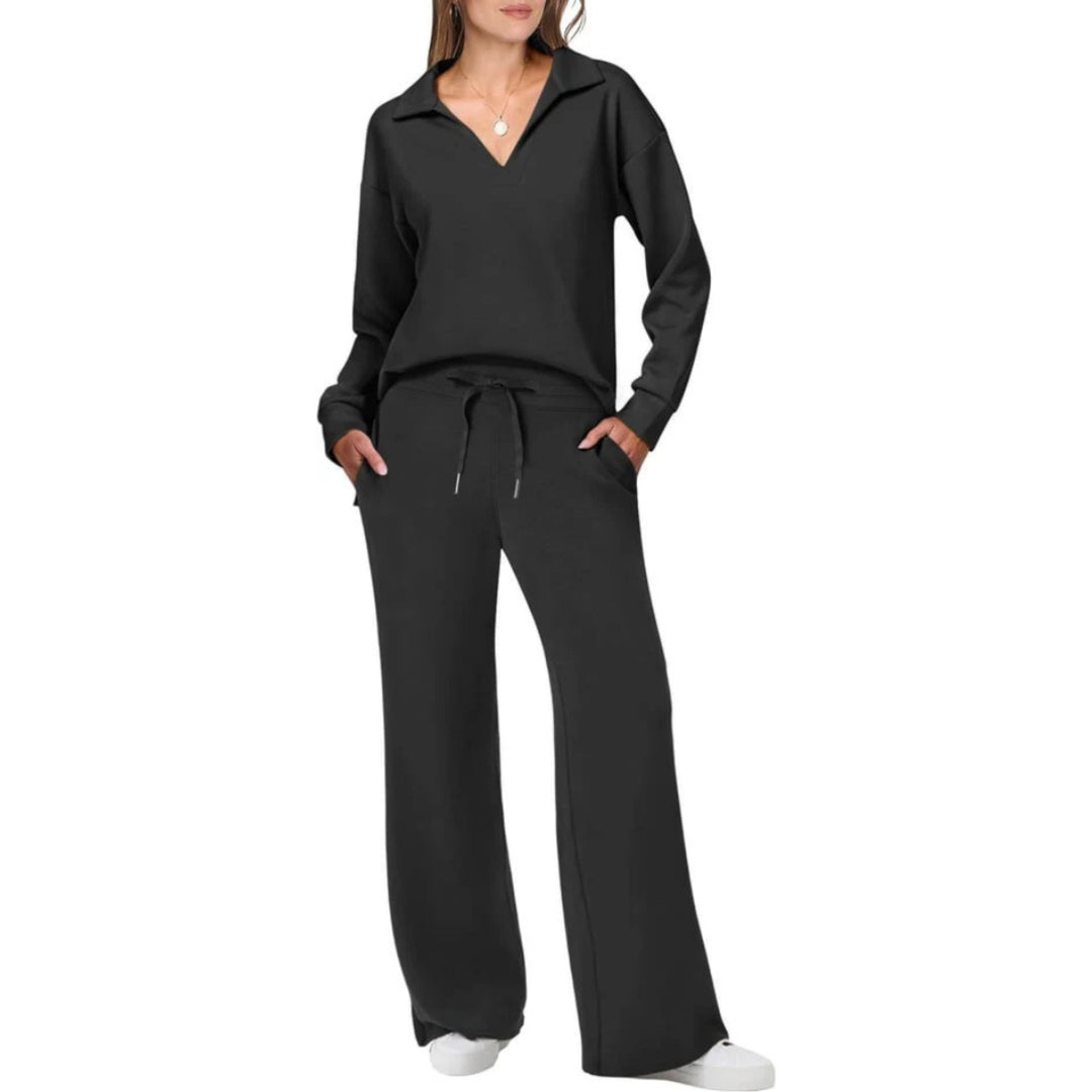 Top con scollo a V e pantaloni comodi: completo donna casual chic per outfit relax. Moda femminile confortevole.