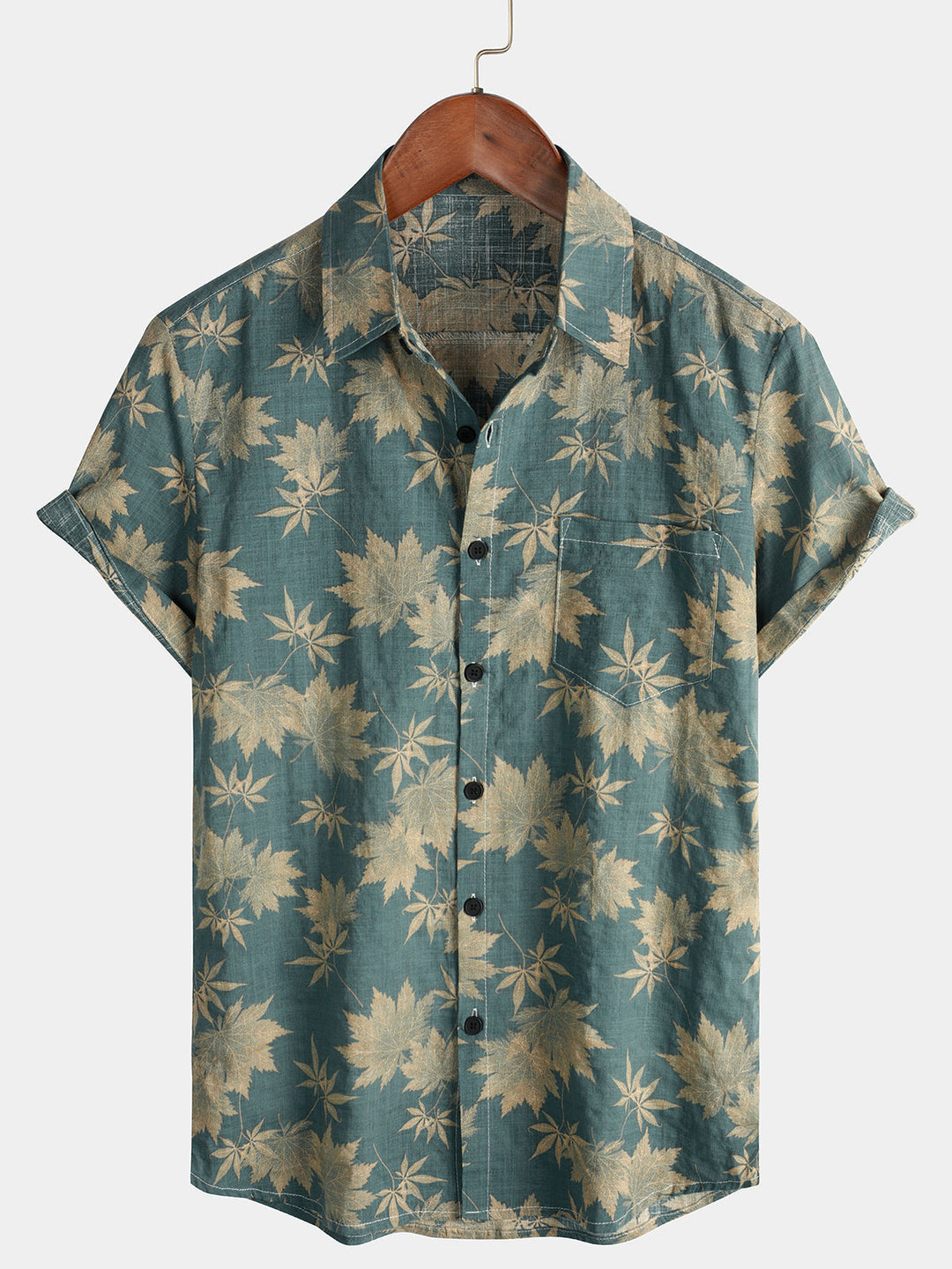Camicia verde militare uomo, stampa tropicale a maniche corte. Ideale per un look estivo casual.