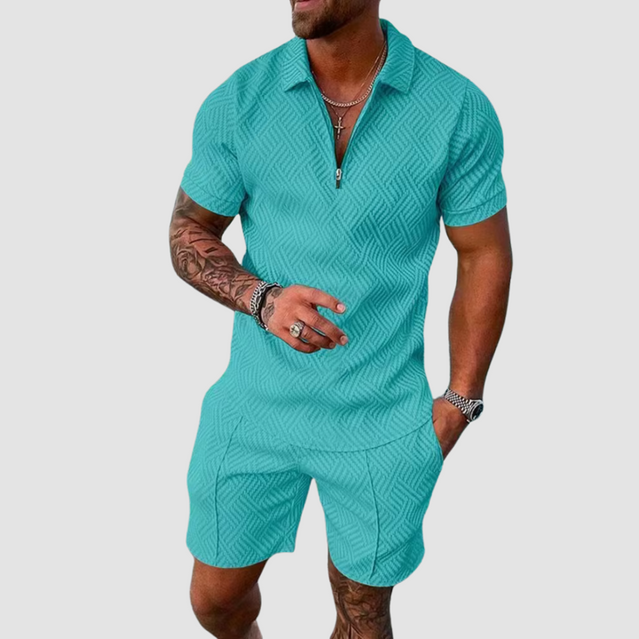 Set leggero uomo: Camicia e pantaloncini estivi per un outfit comodo e alla moda per il tempo libero.
