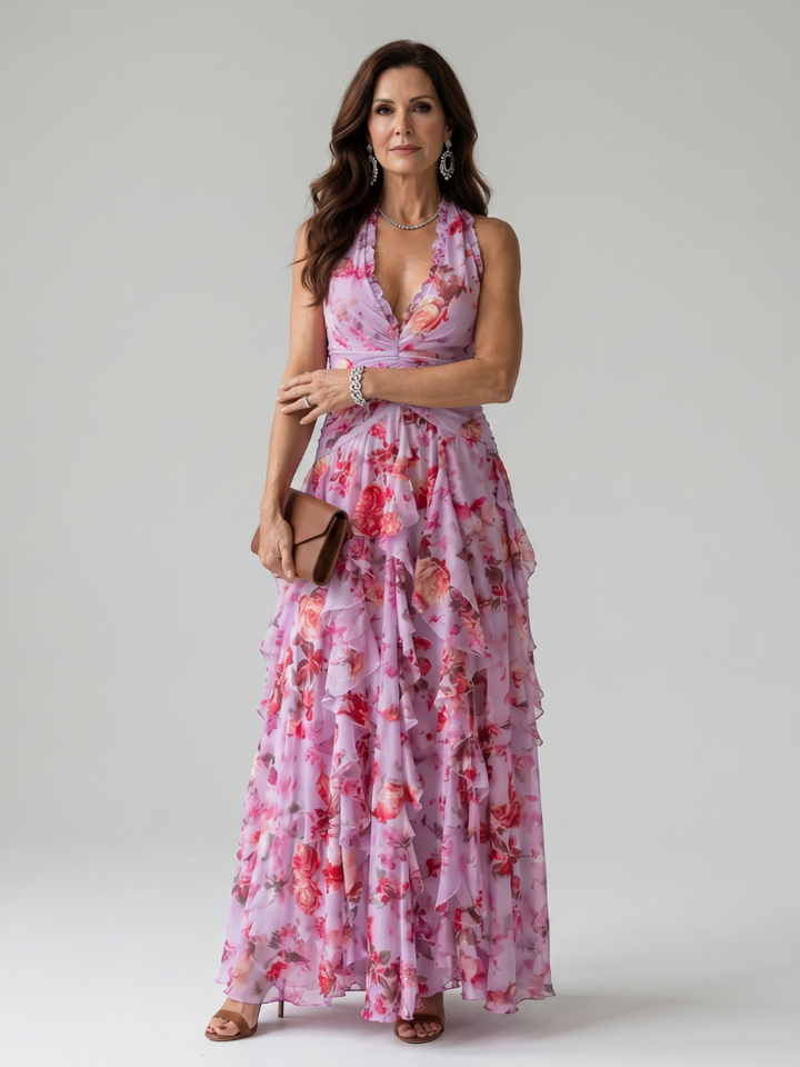 Abito maxi floreale da donna con scollo halter, perfetto per l'estate e le vacanze. Eleganza estiva.