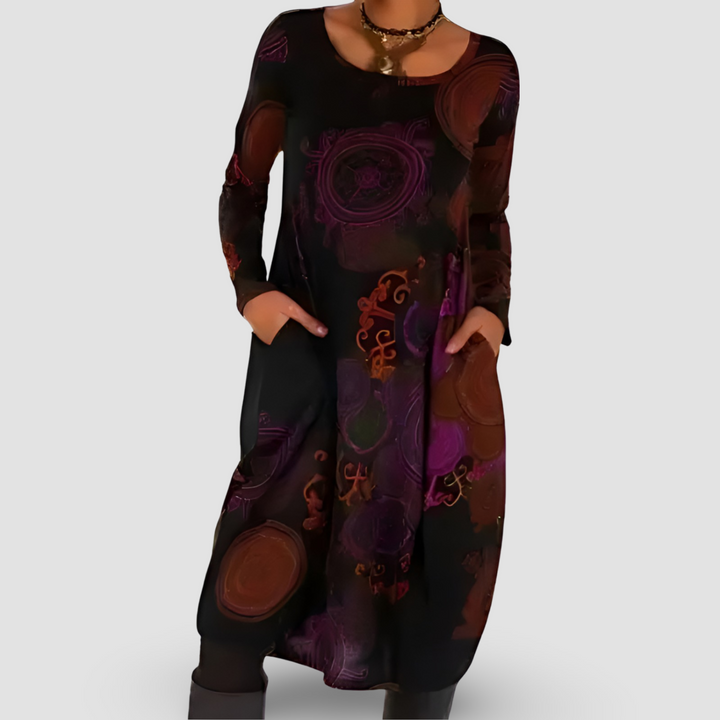 Maxi vestito donna autunnale boho chic con tasche, per un comfort e uno stile impeccabili. Fantasia artistica.