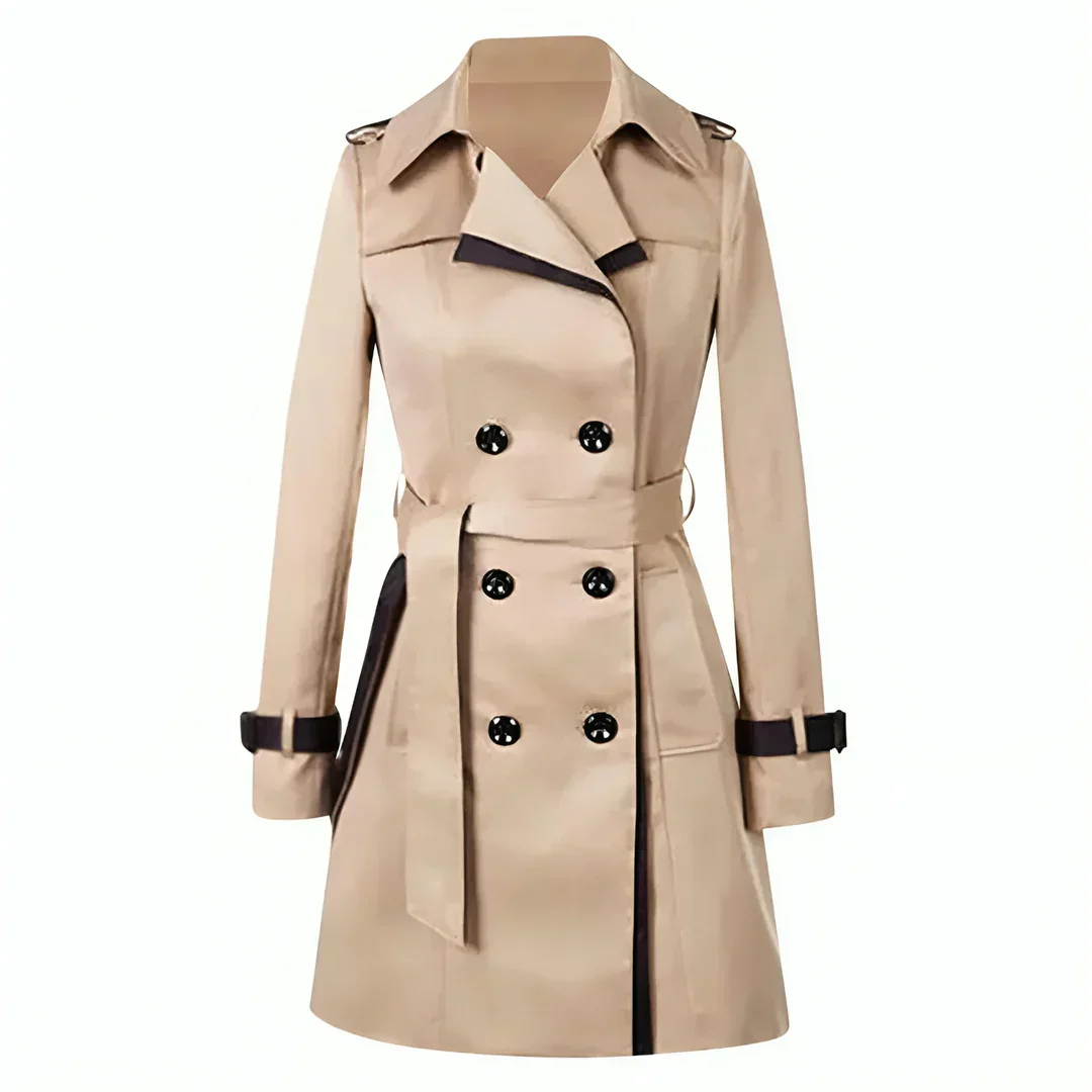 Cappotto trench lungo donna beige/nero, elegante e versatile per primavera/autunno. Moda outerwear leggera.