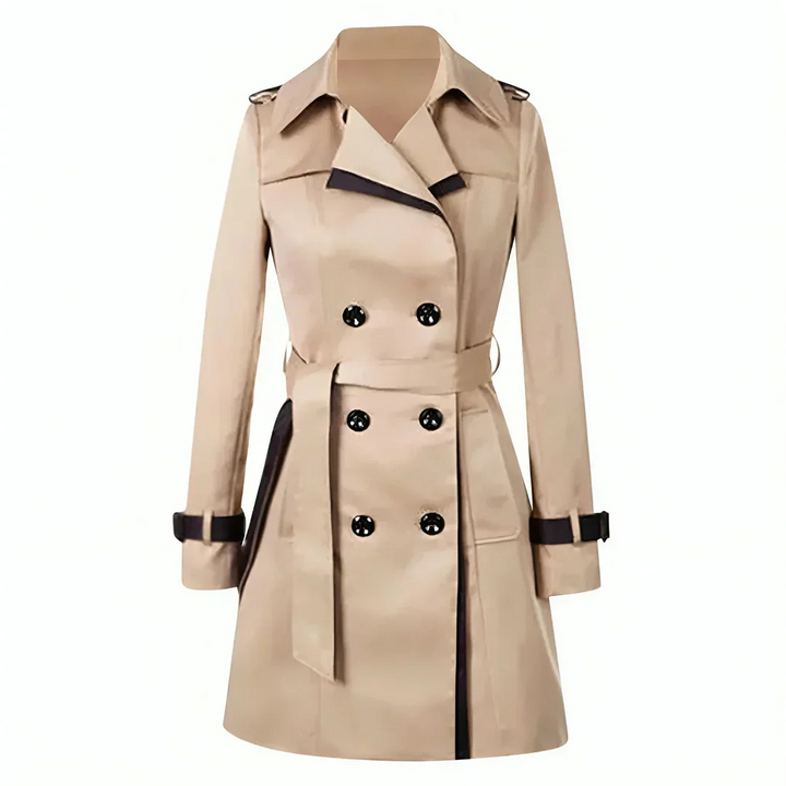 Cappotto trench lungo donna beige/nero, elegante e versatile per primavera/autunno. Moda outerwear leggera.