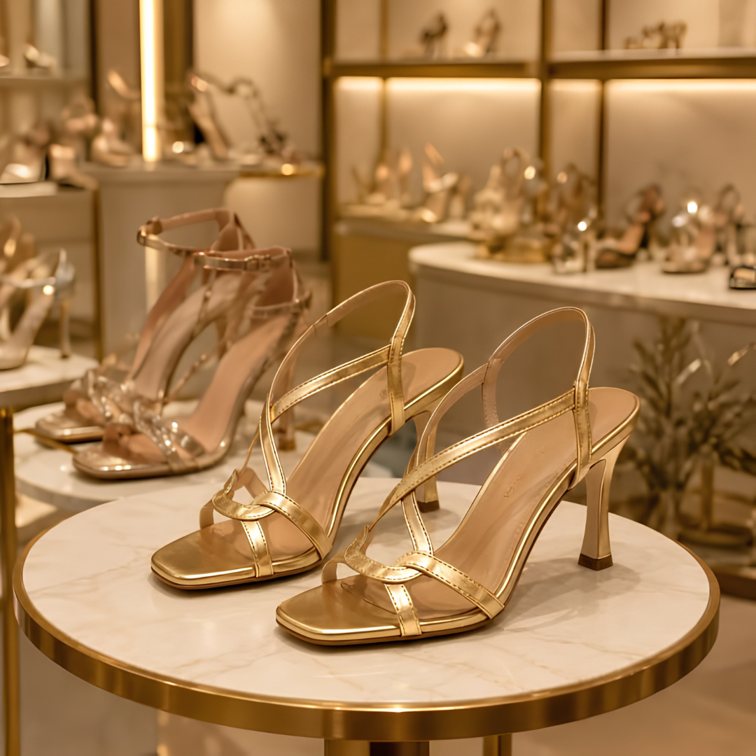 Sandali dorati eleganti da donna con tacco, ideali per eventi speciali e serate estive. Calzature moda.