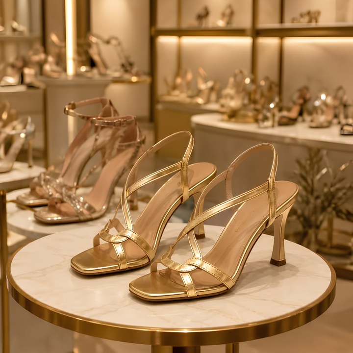 Sandali dorati eleganti da donna con tacco, ideali per eventi speciali e serate estive. Calzature moda.