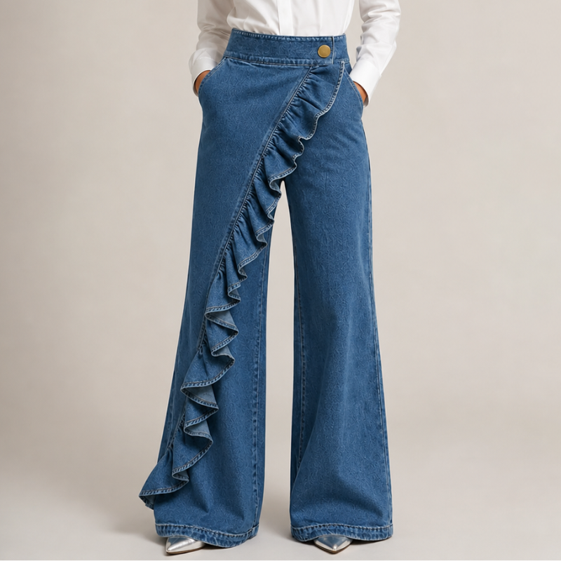 Gonna pantalone donna vita alta blu con volant e gamba larga, per un look elegante e confortevole.