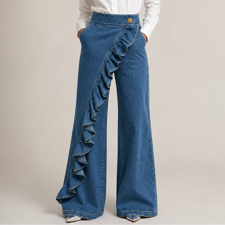 Gonna pantalone donna vita alta blu con volant e gamba larga, per un look elegante e confortevole.